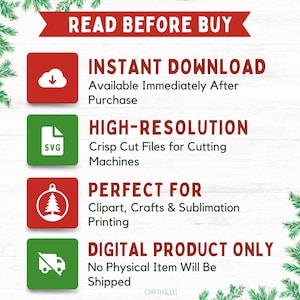 May include: An advertisement for a digital product, with a red banner stating "READ BEFORE BUY." The image displays four coloured boxes with white text and icons: "INSTANT DOWNLOAD," "HIGH-RESOLUTION," "PERFECT FOR," and "DIGITAL PRODUCT ONLY."
