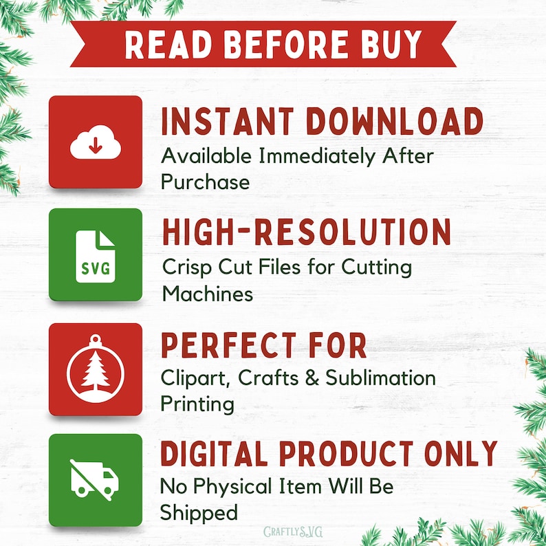 May include: An advertisement for a digital product, with a red banner stating "READ BEFORE BUY." The image displays four coloured boxes with white text and icons: "INSTANT DOWNLOAD," "HIGH-RESOLUTION," "PERFECT FOR," and "DIGITAL PRODUCT ONLY."