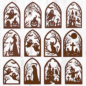 May include: A selection of brown wooden Halloween cutouts. Each cutout features a different spooky design, including ghosts, pumpkins, witches, haunted houses, and bats. The cutouts are in arched frames, ideal for seasonal decorations.