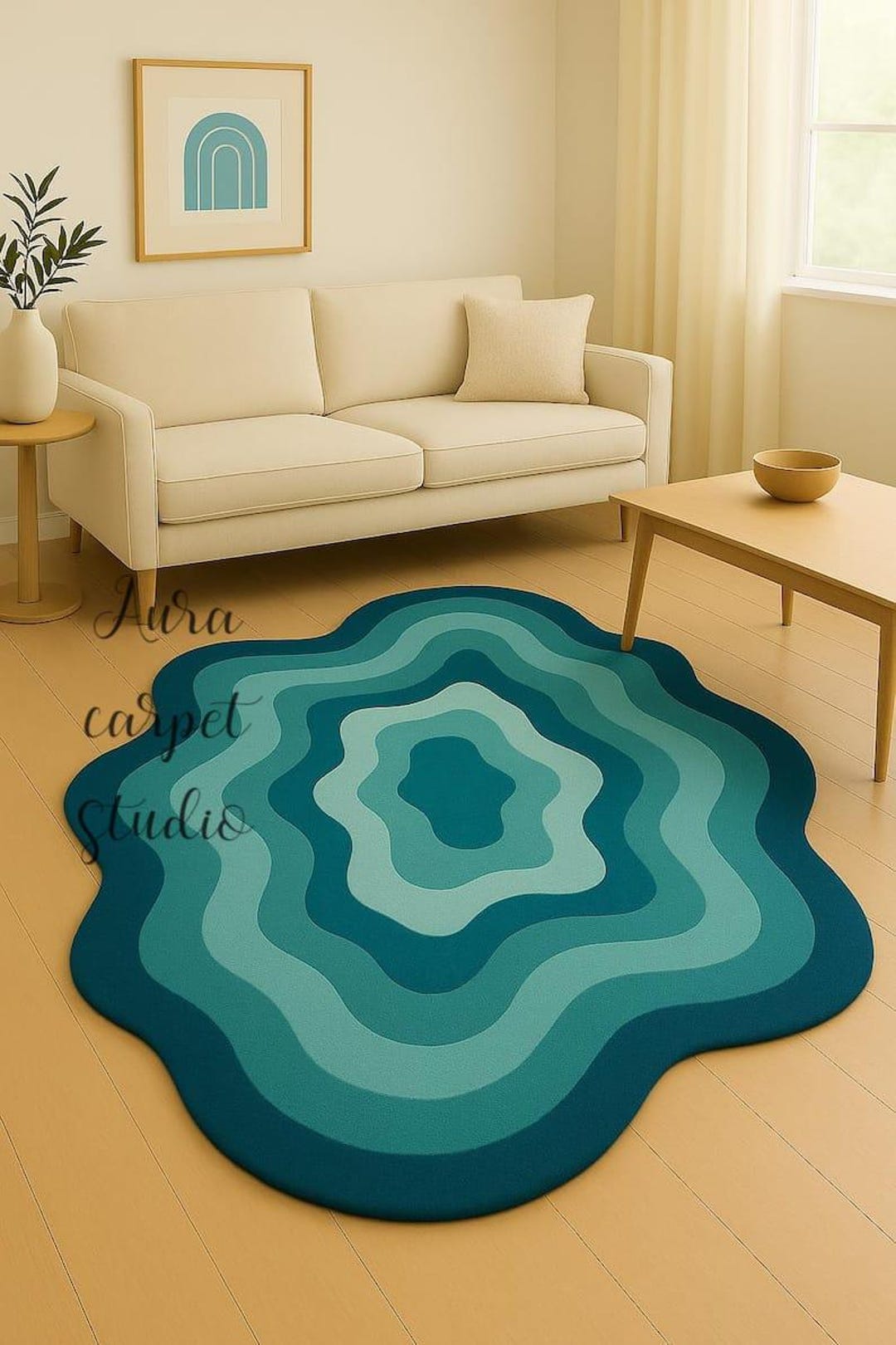 Irregular Hand Tufted Dark Blue Color Wavy Shape Funky Rug Teal and ...