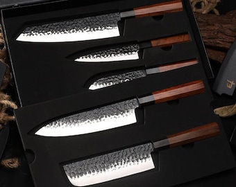 Hand Forged High Carbon Steel Knife Set | Rosewood Handle, 5 Piece