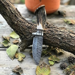May include: A handcrafted hunting knife with a patterned blade and a handle made from antler material. The knife features a silver bolster and is displayed on a wooden surface with leaves and a log.