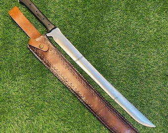 Handmade Carbon Steel Machete | Bushcraft Camping Sword with Leather Sheath