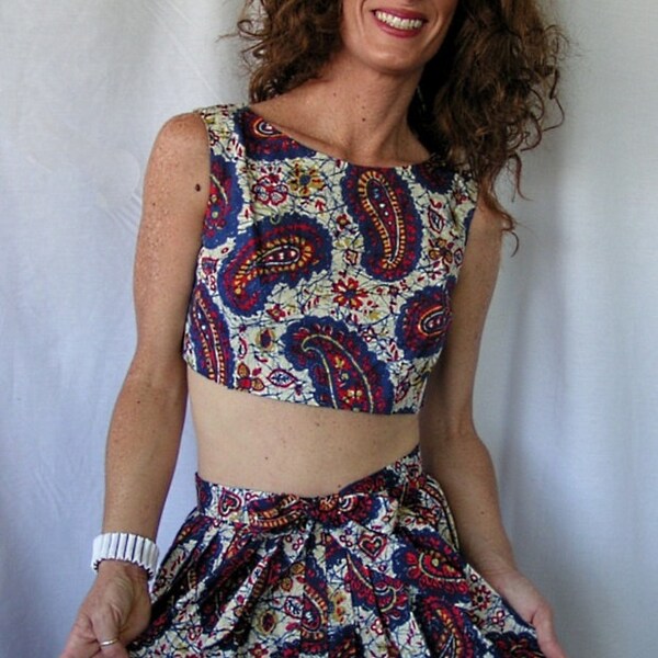 Vintage Boho Hippie Paisley Peasant Crop Top Skirt Set XS/S