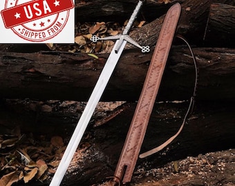 Replica della spada Claymore scozzese, spada medievale, replica della spada decorativa scozzese con fodero in pelle in acciaio J2, regalo ideale per il marito
