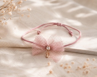 Baptism Favor Bracelet | Dusty Pink Tulle Martyrika | Greek Orthodox Christening Martirika | Pink Petal