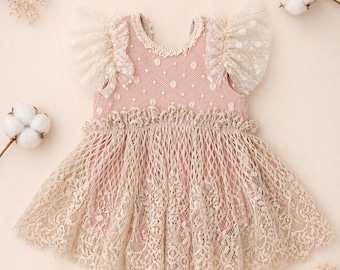 Newborn Dusty Pink Lace Romper, Baby Girl Photo Outfit - ESMERALDA