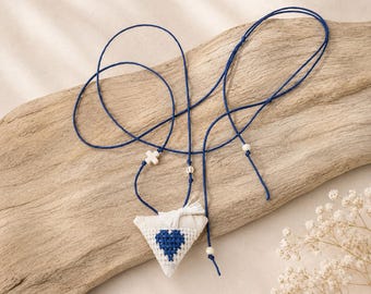 Greek Martyrika | Embroidered Baptism Necklace Favors |  Orthodox Christening Martirika | Blue Heart Keepsake Necklace | Amorgos