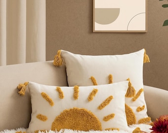 Boho Tufted Cotton Pillow Cover with Sun Pattern