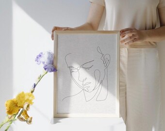 抽象的な女性の顔の線画アートプリント：ミニマリストの描画（デジタル