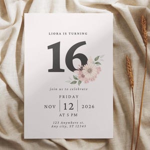 Sweet 16 Birthday Invitation Template | Editable Digital Invite | Minimalist Floral Birthday Card | Canva Template | Instant Download