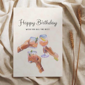 Happy Birthday Card with 3 Hands Holding Drinks | Printable Birthday Card for Women | Fun Digital Download | Cheers Birthday Card