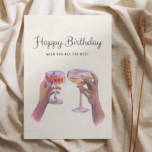 Minimalist Happy Birthday Card | Digital Download for Women | Modern Printable Birthday Card with Drinks Illustration | Instant Download