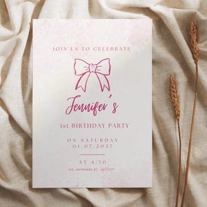 Bearbeitbar Pink Schleife 1. Geburtstagseinladung | Digital Baby Mädchen-Geburtstags-Party einladen | Sofortiger Download Canva Vorlage