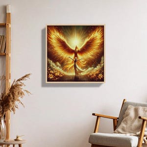 Woman Embracing Fiery Phoenix Of Light With Flowers – Digital Download Printable Wall Art (3 Sizes, Instant Download) – Phoenix Series