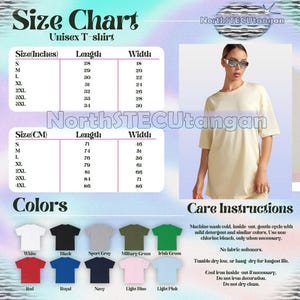 May include: A cream-coloured unisex t-shirt with short sleeves. The image includes a size chart in inches and centimetres, along with colour options: white, black, sport grey, military green, Irish green, red, royal, navy, light blue, and light pink.