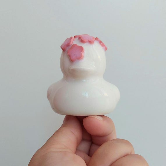 White Porcelain rubber Duck with Flowers • Handmade Pottery Gift Cherry Blossom Art •  Ceramic Desk Decor