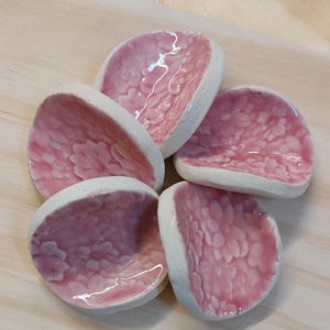 May include: Five small, petal-shaped ceramic dishes. The interior of each dish is a glossy pink, decorated with a floral pattern. The rims are white. These decorative dishes could be used for serving small portions of food or as decorative accents.
