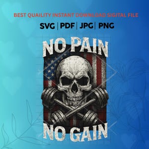 Gym T-shirts Schädel Gewichtheben Motivation PNG | Kein Schmerz, kein Gewinn Zitat Design JPG | Fitness-Grafik für Workout-Bekleidung, Tassen & mehr
