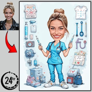 Custom Nurse Cartoon Portrait, Nurse Portrait, Gift for Nurse, Custom Cartoon, Nurse Caricature from Photo, Medical Caricature, Nurse Art