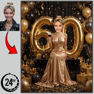 60th Birthday Caricature: 60 Women in Light Brown Dresses with Gifts, Black Sky Gift Digit, Ideal for Celebrations! Unique Gift Idea!