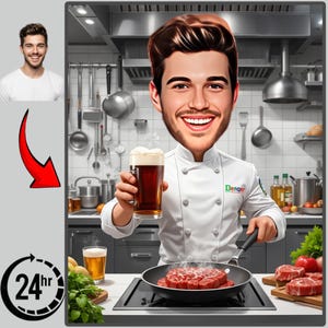 Retrato de Chef Personalizado em Desenho Animado: Presente Personalizado de Chef (Download Digital A4 JPEG/PDF)