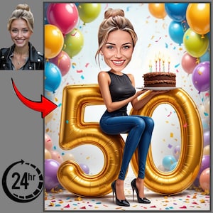 Personalized 50th Birthday Cartoon Portrait for Woman (Digital Download A4 JPEG/PDF)
