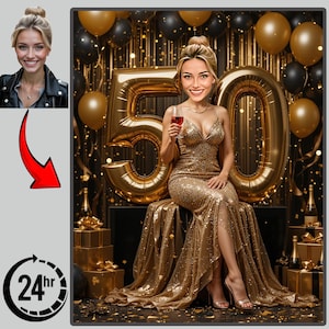 Personalized 50th Birthday Caricature: Custom Cartoon Portrait (Digital Download A4 JPEG/PDF)