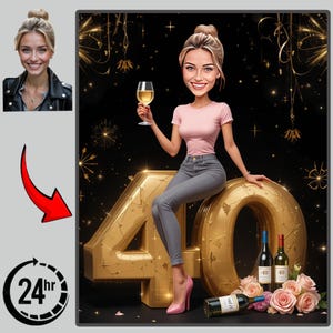 40th Female Birthday Caricature Gift Custom Personalized Illustration Unique Milestone Celebration Fun Memorable Keepsake Create for any age