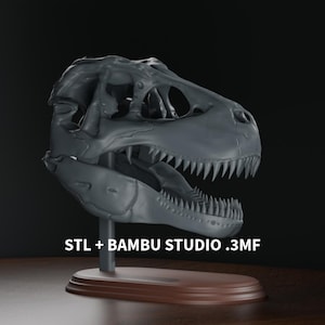 May include: A gray Tyrannosaurus Rex skull model on a stand with a wooden base. The model has sharp teeth and detailed bone structure. Text on the base reads "STL + BAMBU STUDIO .3MF".
