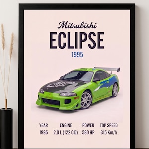 May include: A framed poster featuring a 1995 Mitsubishi Eclipse in lime green with blue graphics. The text reads Mitsubishi ECLIPSE 1995, with technical specifications listed below: YEAR 1995, ENGINE 2.0 L (122 CID), POWER 580 HP, TOP SPEED 315 Km/h.