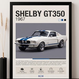 May include: A framed poster featuring a white 1967 Shelby GT350 car with blue racing stripes. The text reads Shelby GT350 1967, followed by a descriptive paragraph and technical specifications including a 4.7 L V8 engine, 306 HP, 329 LB-FT, 217 KM/H, and 6.5 s.
