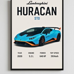 May include: A framed poster showcasing a blue Lamborghini Huracan STO. The poster displays the Lamborghini logo, car's name, and details: 2020 year, 5.2 L engine, 640 HP power, and 310 Km/h top speed.