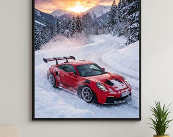 Porsche 911 GT3 RS in Snowy Mountains Poster | Winter Supercar Digital Download