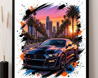 Affiche Shelby GT500, oeuvre d'art murale Mustang, impression de voiture de ville coucher de soleil, téléchargement numérique