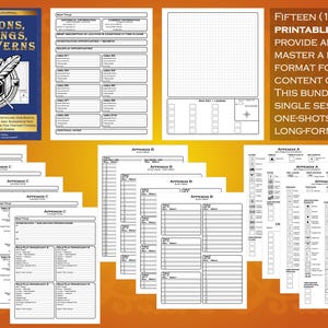 May include: A collection of fifteen printable PDFs for game masters. The cover of the journal is blue with the title "Dungeons, Dwellings, and Caverns". The text on the right side of the image reads "Fifteen (15) Printable PDFs that provide any game master a flexible format for building content quickly."