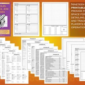 May include: Nineteen printable PDF pages for role-playing games, featuring grids, charts, and forms for drawing, detailing, and tracking bases. The journal cover is purple and reads "Strongholds, Home Bases, and Businesses". Includes flexible space for operations.