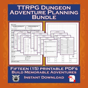 May include: A TTRPG Dungeon Adventure Planning Bundle featuring fifteen printable PDF sheets with white backgrounds and dark text. The documents include sections for historical information, current information, area descriptions, and grid maps.