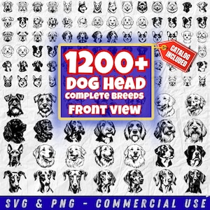 May include: A collection of over 1200 dog head illustrations in SVG and PNG formats, featuring various breeds in a front view. Includes a catalog. Suitable for commercial use.