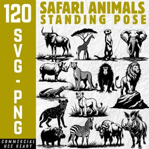 Könnte beinhalten: Eine Sammlung von 120 SVG- und PNG-Dateien mit Safari-Tieren in stehender Pose. Die Schwarz-Weiß-Illustrationen umfassen eine Giraffe, einen Elefanten, einen Löwen, ein Zebra und mehr. Der Text "SAFARI ANIMALS STANDING POSE" steht oben.