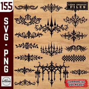 May include: A collection of black ornamental designs, including floral and geometric patterns, displayed on a light brown wood-grain background. The designs are labeled "Laser Engrave Files" and "Commercial Use Ready". The image also includes the text "SVG - PNG".