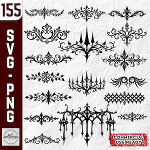 May include: A collection of black ornamental vector graphics in various floral and scroll designs. The designs include leaves, swirls, and symmetrical patterns. The image also includes the text "SVG - PNG" and "COMMERCIAL USE READY".