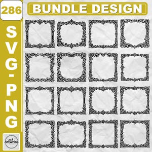 May include: A collection of 16 ornate, square frame designs in black, arranged on a textured, off-white background. The frames feature intricate floral and scrollwork patterns. The top of the image reads "BUNDLE DESIGN" and the number "286".