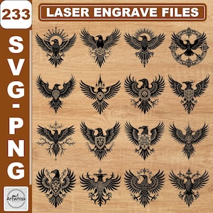 Op de afbeelding: Een digitale collectie van 233 lasergraveerbestanden met zwarte grafische illustraties van raven en kraaien met gespreide vleugels. De ontwerpen bevatten diverse versierde achtergronden, schilden en florale elementen in SVG- en PNG-bestandsformaat.