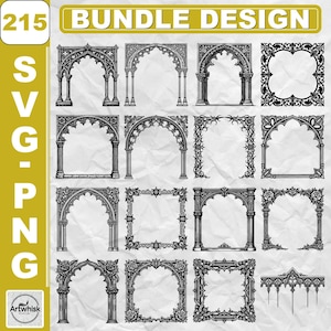 May include: A digital collection of 215 black and white graphic illustrations featuring various gothic-style architectural arches, ornate rectangular frames, and decorative borders. The set includes intricate floral and geometric patterns.