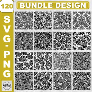 May include: A collection of 16 black and white paisley and floral pattern designs. The designs include swirls, teardrops, and other decorative elements. The words "120 BUNDLE DESIGN" are at the top of the image. The letters "SVG-PNG" are on the left side of the image.