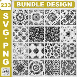 May include: A digital bundle design featuring 233 SVG and PNG files. The image displays a grid of 16 square tiles with black and white intricate patterns, including floral, botanical, geometric, and damask motifs on a textured paper background.