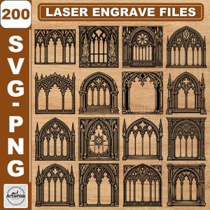 Cathedral Gothic Window Frames Laser Engrave File: Coaster & Wall Art Templates (SVG,PNG) Commercial Use