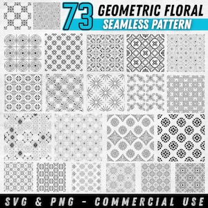 Pode incluir: Uma coleção de 73 padrões florais geométricos sem costura em preto e branco. Os padrões incluem vários designs, como explosões de estrelas, círculos e motivos florais. A imagem também inclui o texto "SVG & PNG - COMMERCIAL USE."