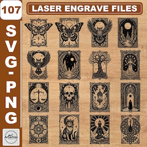May include: A collection of 107 laser engrave files in SVG and PNG formats, featuring black line art illustrations of butterflies, owls, landscapes, a tree, a figure, scales, a skull, a lantern, a hooded person, a compass, a cat, a lighthouse, and a peacock.